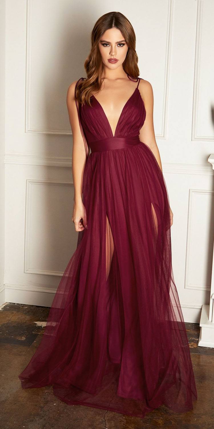 Burgundy plunging V-neck evening dress with spaghetti straps and gathered sheer tulle skirt