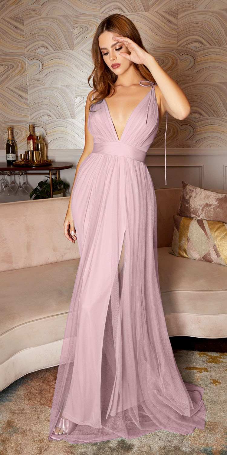Lavender chiffon evening maxi dress with plunging V-neck and flowing side drape