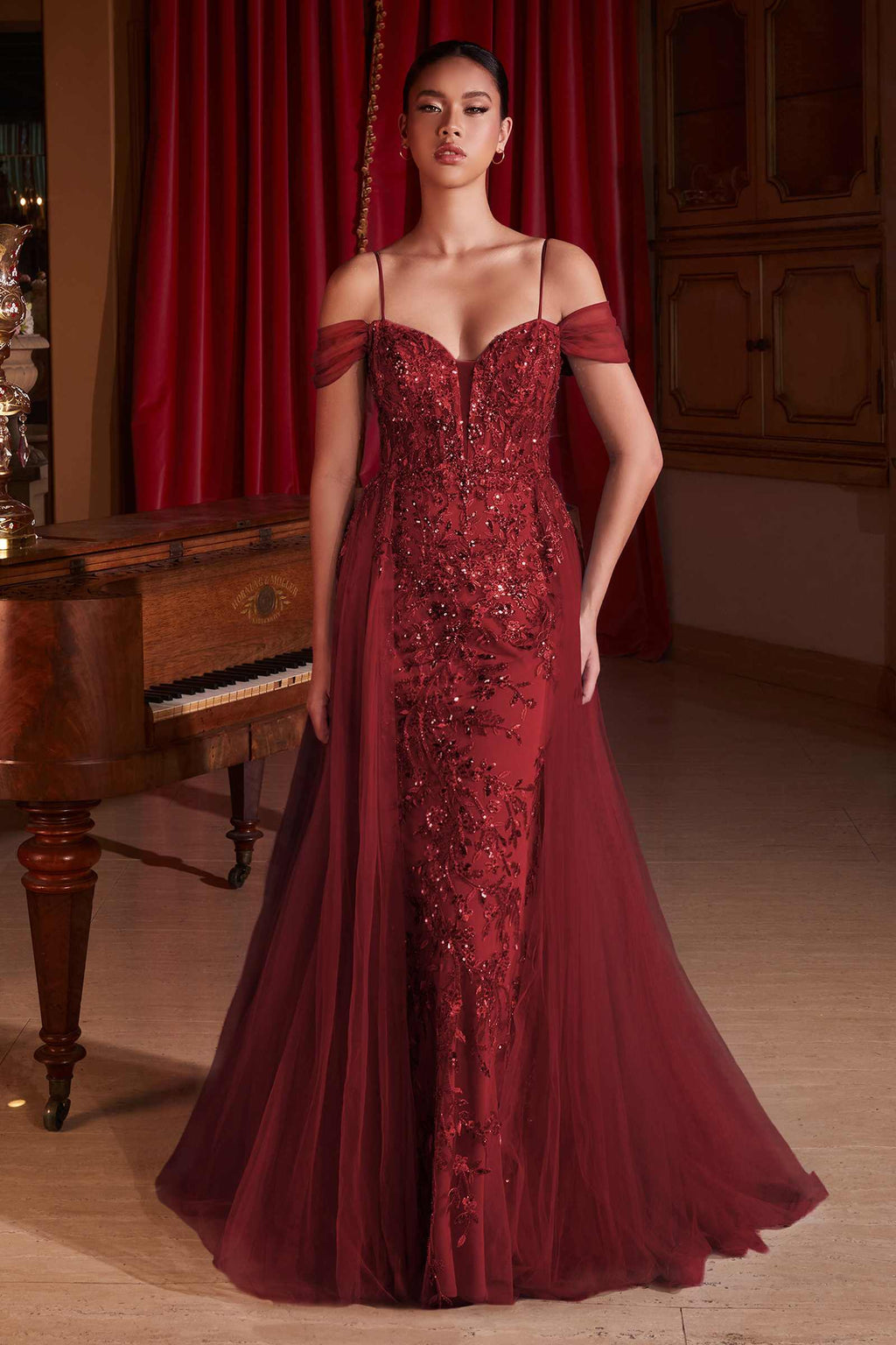 Burgundy embellished off-shoulder fitted gown with sparkly bodice and long flared skirt