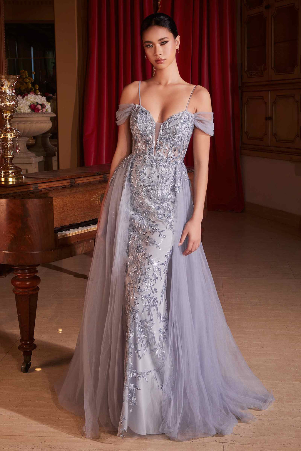 Silver off-shoulder fitted gown with sparkle embellishment and long tulle skirt