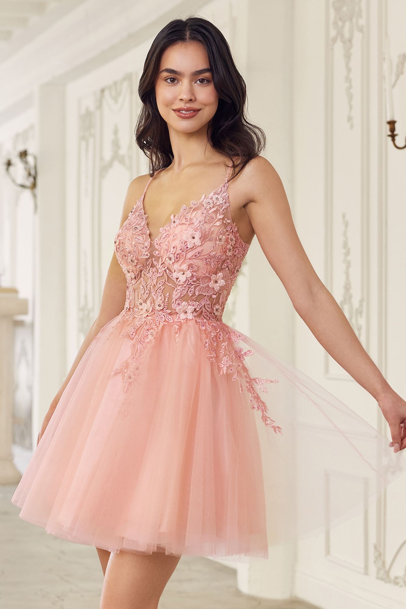 Blush lace bodice A-line layered tulle short dress with V-neck and thin straps