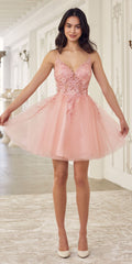 Lace bodice A-line tulle short dress in blush pink with lace corset-style bodice