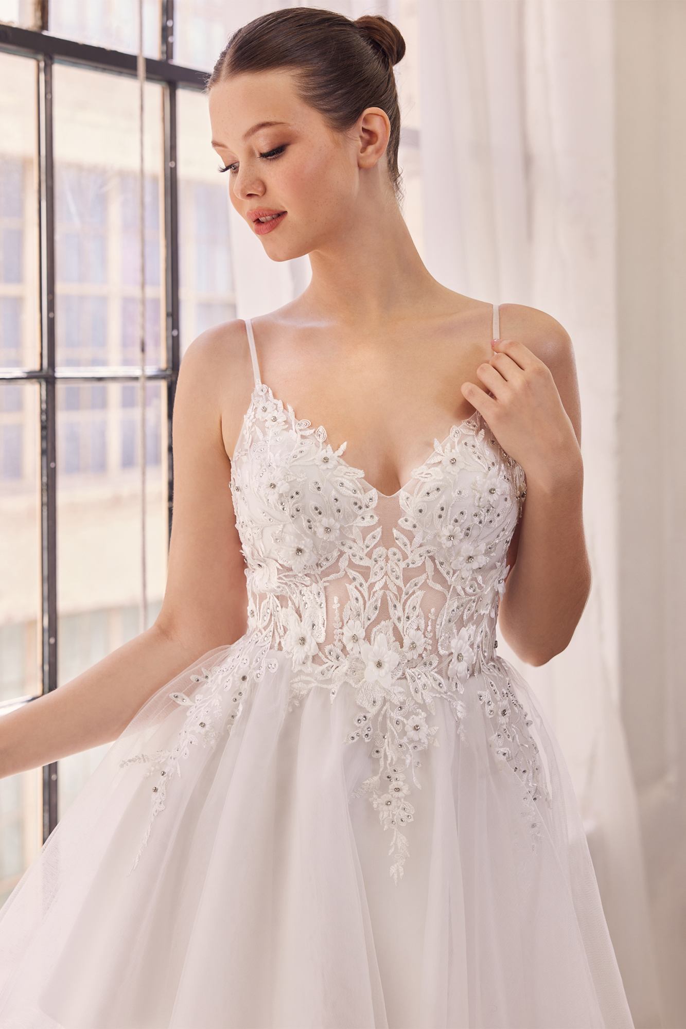 Lace bodice A-line tulle short dress in white with embroidered bodice and V neckline