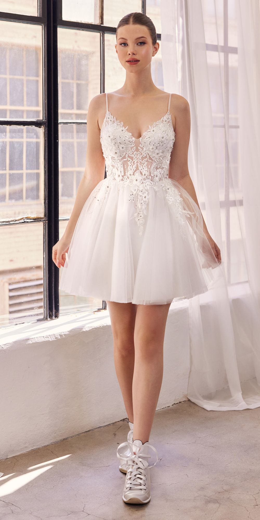 Lace bodice A-line tulle short dress in white with lace applique and layered skirt