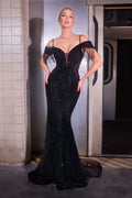 Black off-shoulder beaded mermaid gown with long fringe shoulder detail