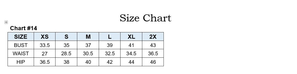 Size chart table with bust, waist, and hip measurements for sizes XS to XL