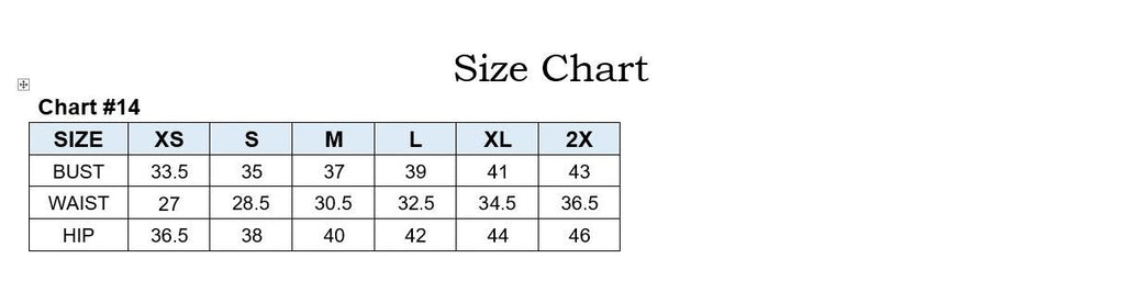 Size chart table with bust, waist, and hip measurements for dresses