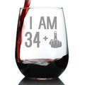 34 + 1 Middle Finger - 35th Birthday Stemless Wine Glass for Women & Men - Cute Funny Wine Gift Idea - Unique Personalized Bday Glasses for Mom, Dad, Friend Turning 35 - Drinking Party Decoration