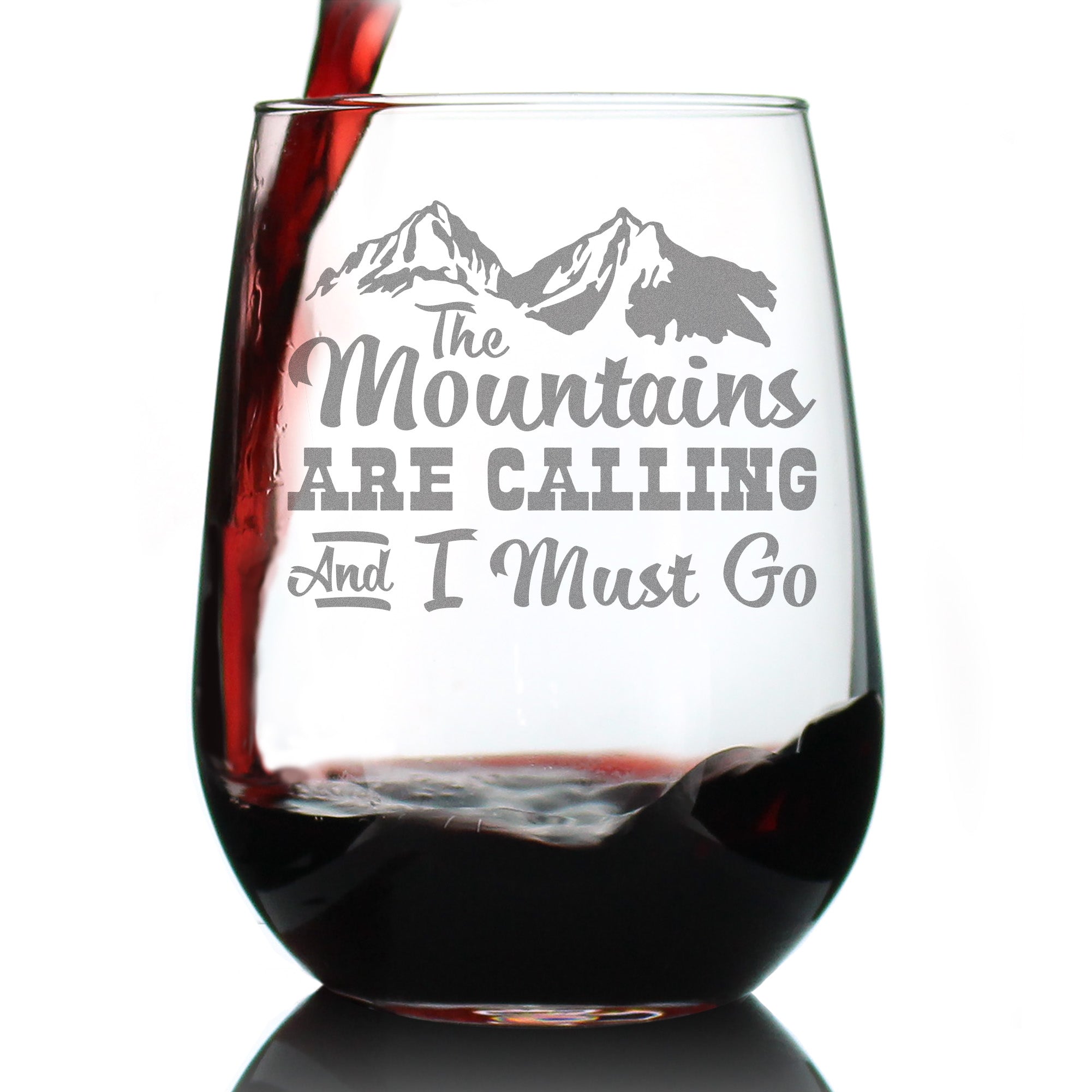 Mountains Are Calling – Cute Funny Stemless Wine Glass, Large 17 Ounces, Etched Sayings, Gift Box