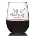Sip Sip Hooray – Cute Funny Wine Stemless Glass, Large 17 Ounces, Etched Sayings, Gift Box