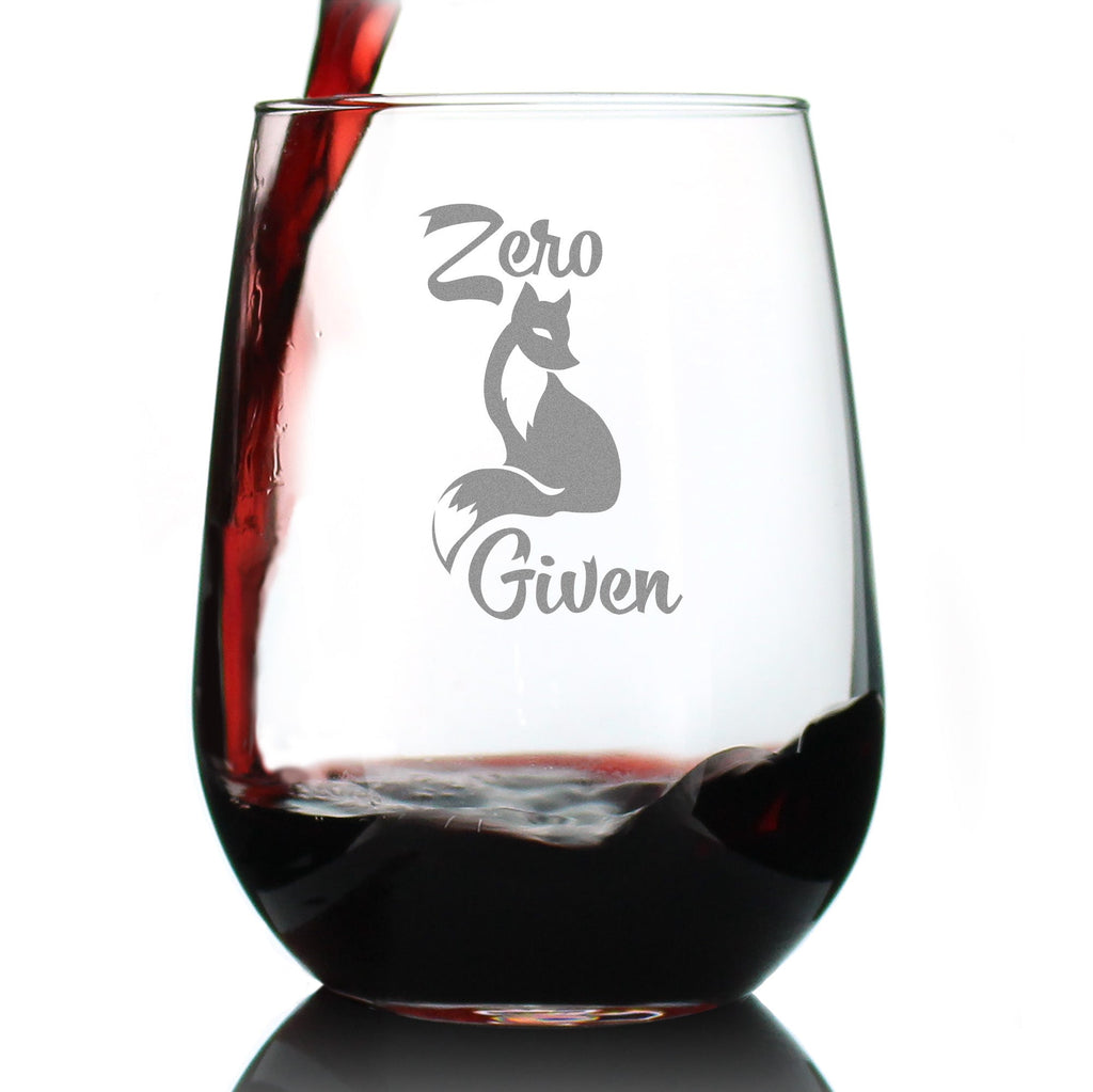 Zero Fox Given – Cute Funny Stemless Wine Glass, Large 17 Ounce, Etched Sayings, Gift Box