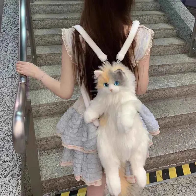Realistic Three Color Cat Plush Backpack – Handmade Cute Stuffed Animal Bag Gift