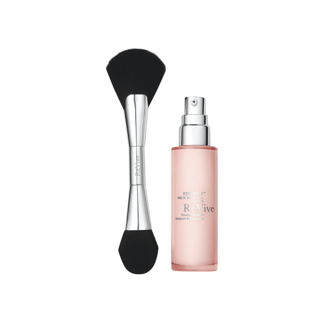 RéVive neck serum bottle with dual-ended applicator brush, pump sprayer