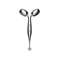 RéVive contouring massage roller with two chrome metal cylinders and curved handle.