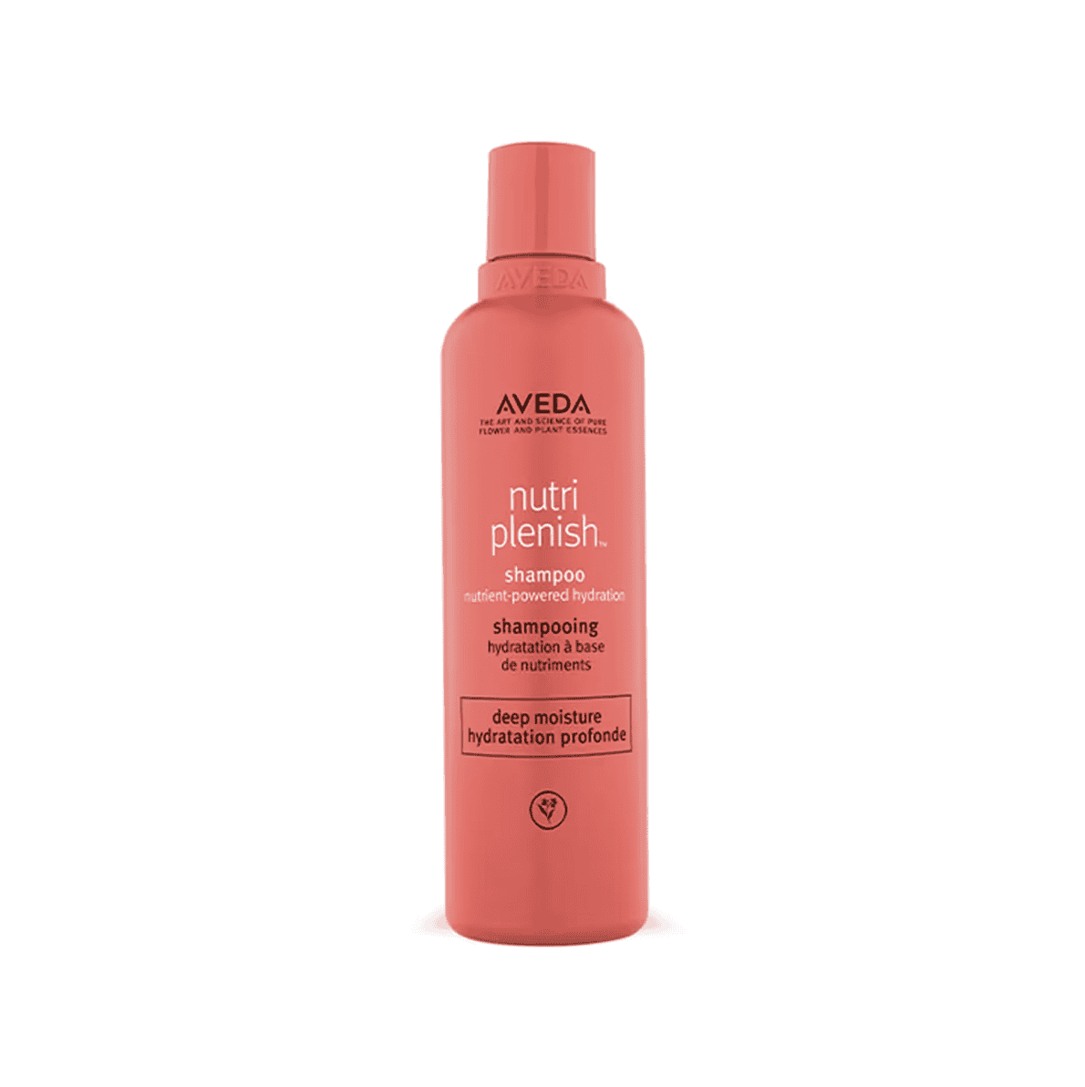 Aveda Nutriplenish™ deep moisture shampoo bottle, coral-pink, screw cap.
