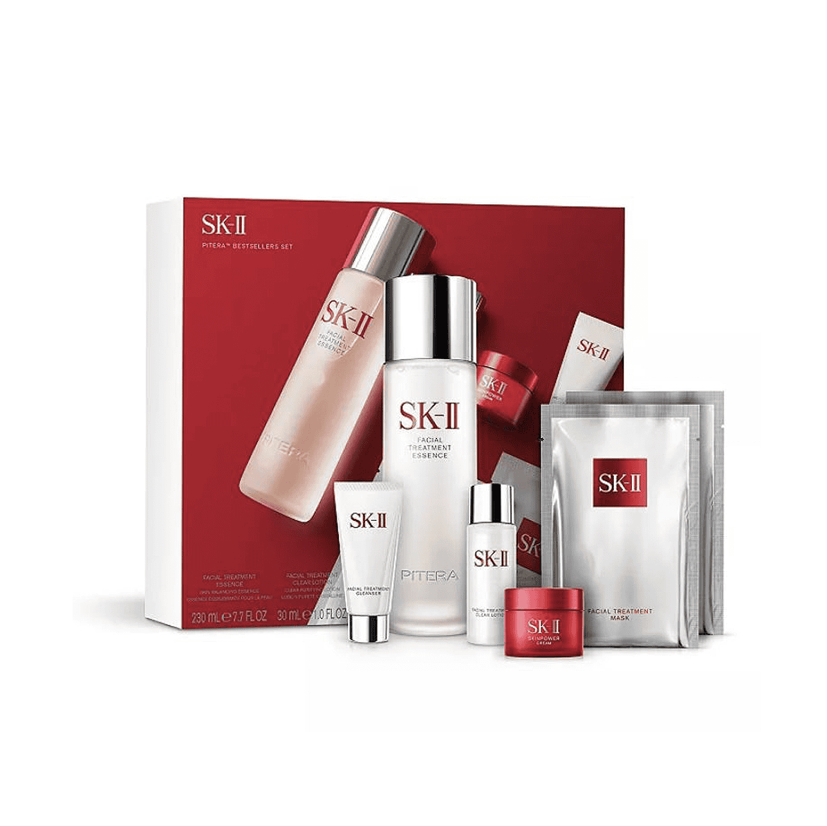 SK-II skincare gift set with facial essence bottles, pumps, and packets in box