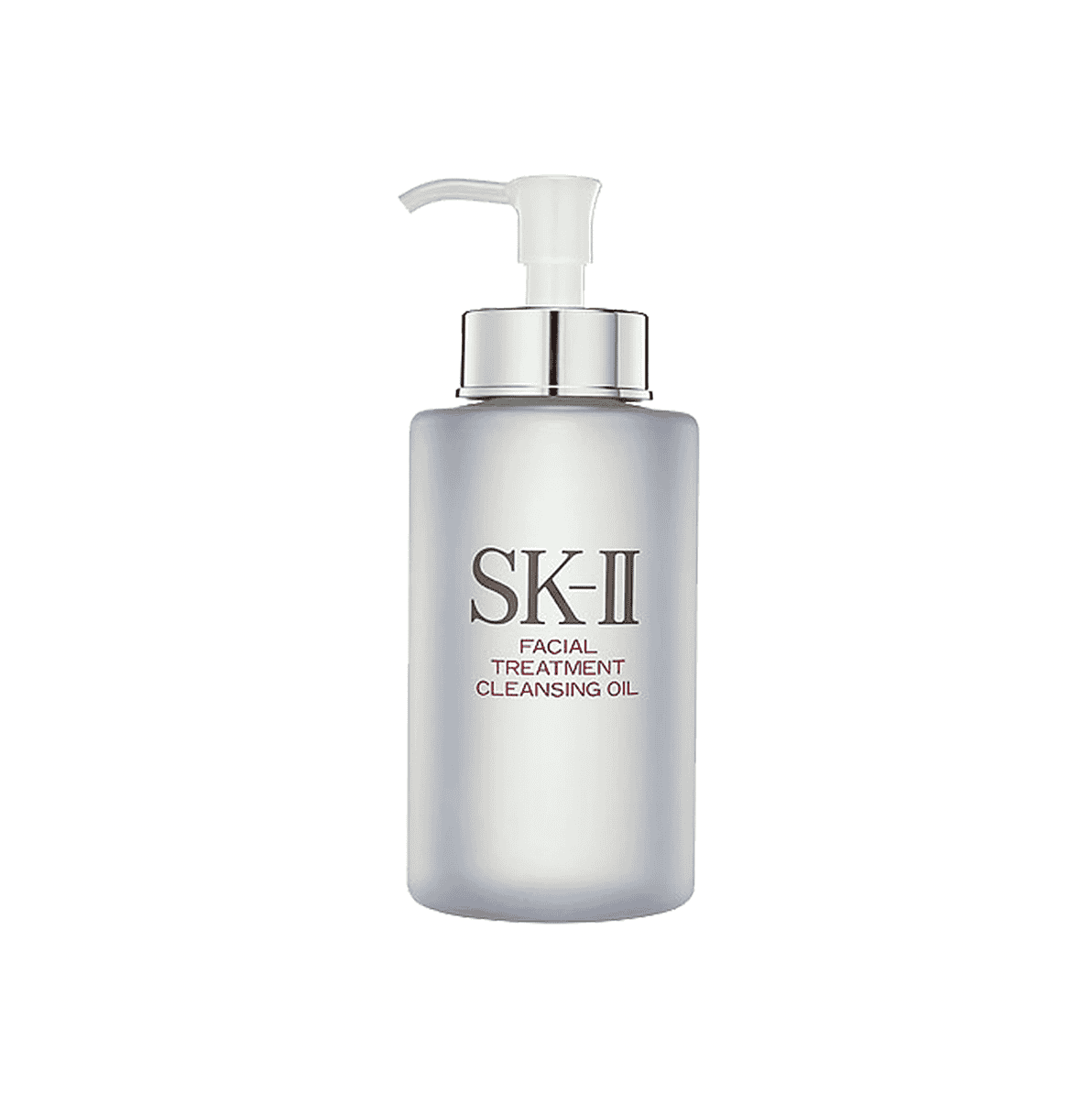 SK-II facial treatment cleansing oil pump bottle with silver cap, clear plastic