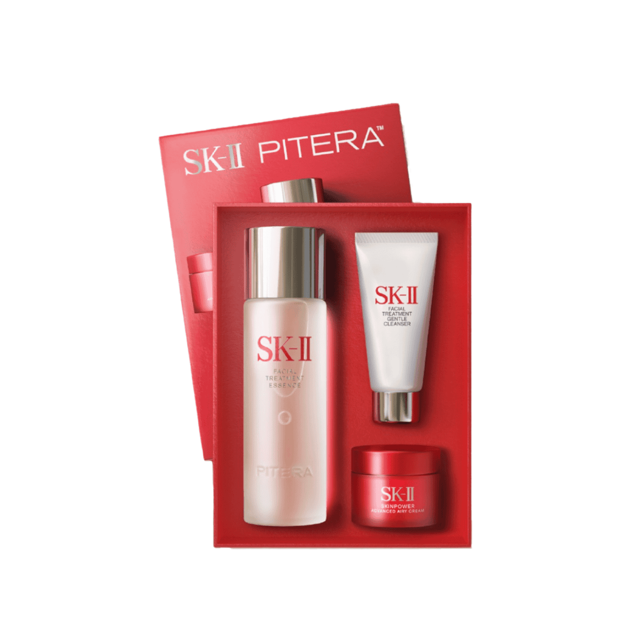 SK-II PITERA youth essentials skincare kit with bottle, tube, and cream jar