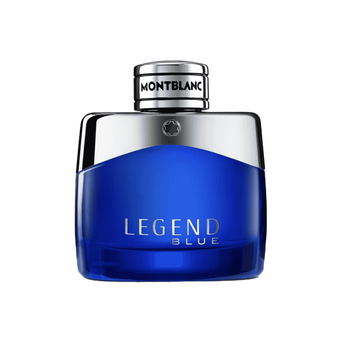 Montblanc Legend Blue eau de parfum bottle, rounded blue glass with embossed logo