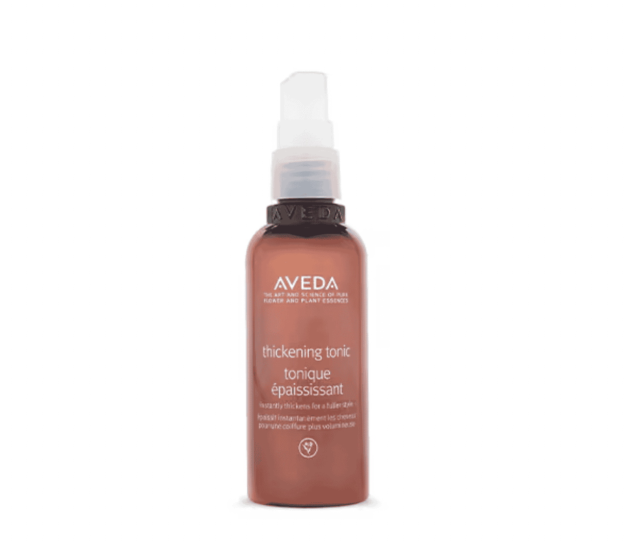 Aveda thickening tonic bottle with pump sprayer, brown liquid, 3.4 oz