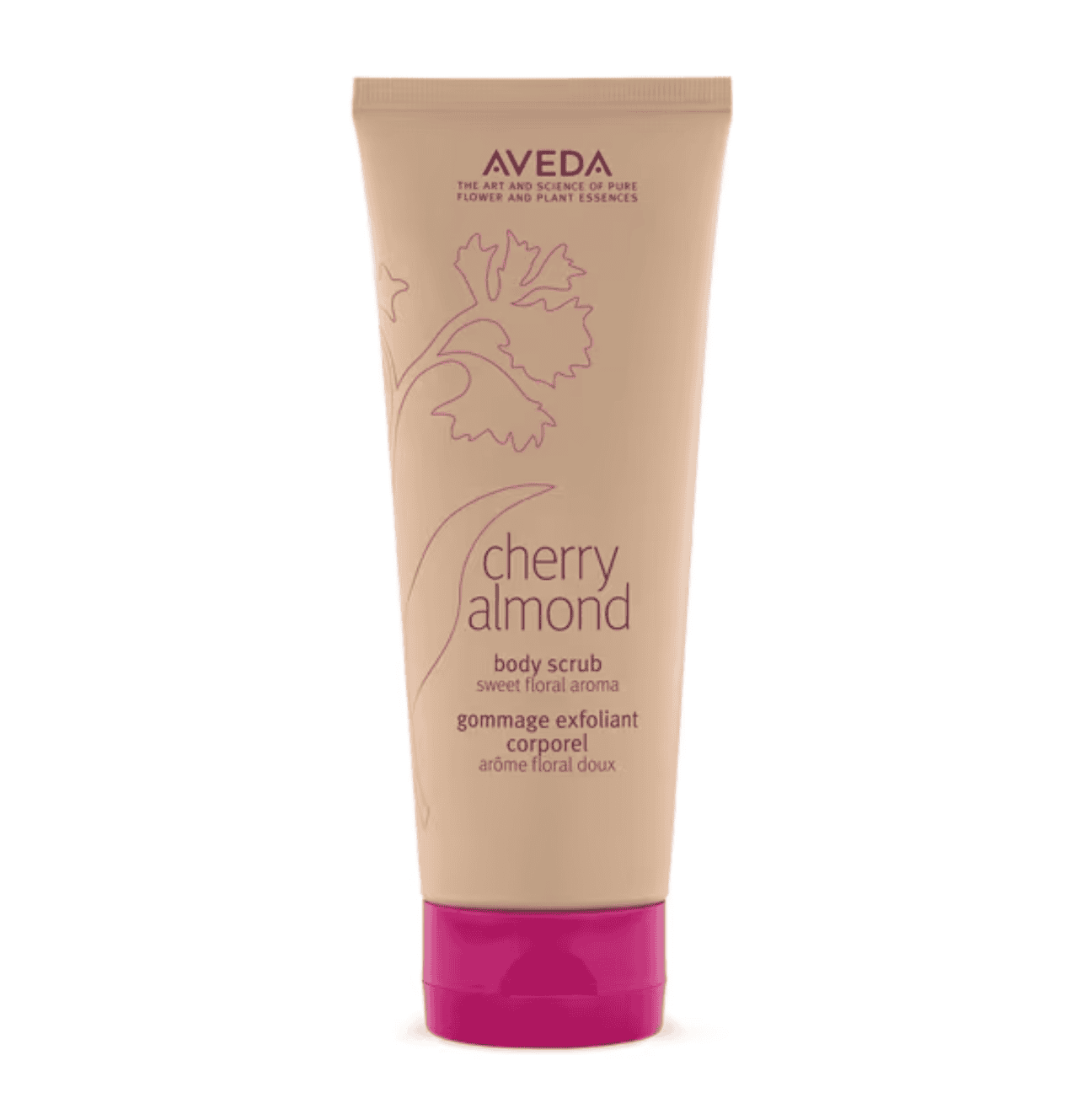 Aveda Cherry Almond body scrub tube, beige with magenta twist cap.