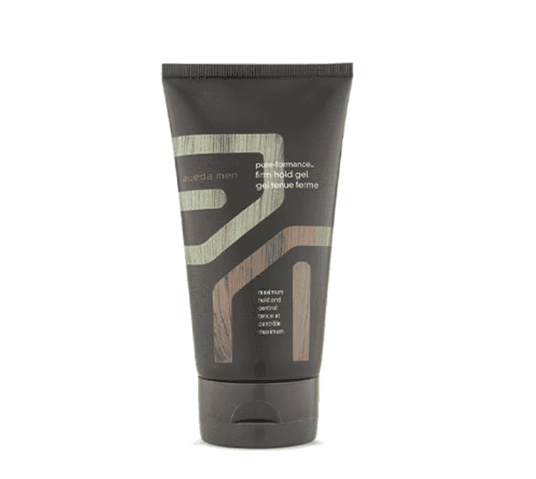 Aveda Men firm hold hair gel tube, dark gray squeeze bottle with ribbed cap