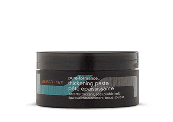Aveda Men Pure-Formance thickening paste jar, black lid and teal label