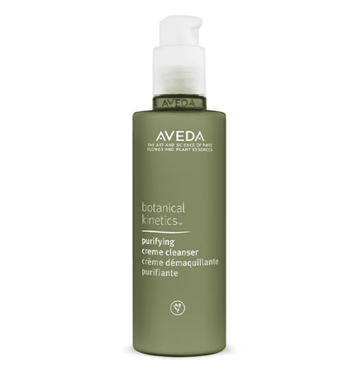 Aveda Botanical Kinetics purifying creme cleanser bottle with pump, olive green.