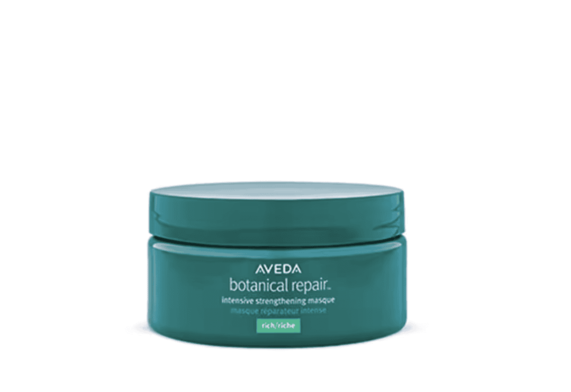 Aveda hair masque jar with teal body, white lid and teal label