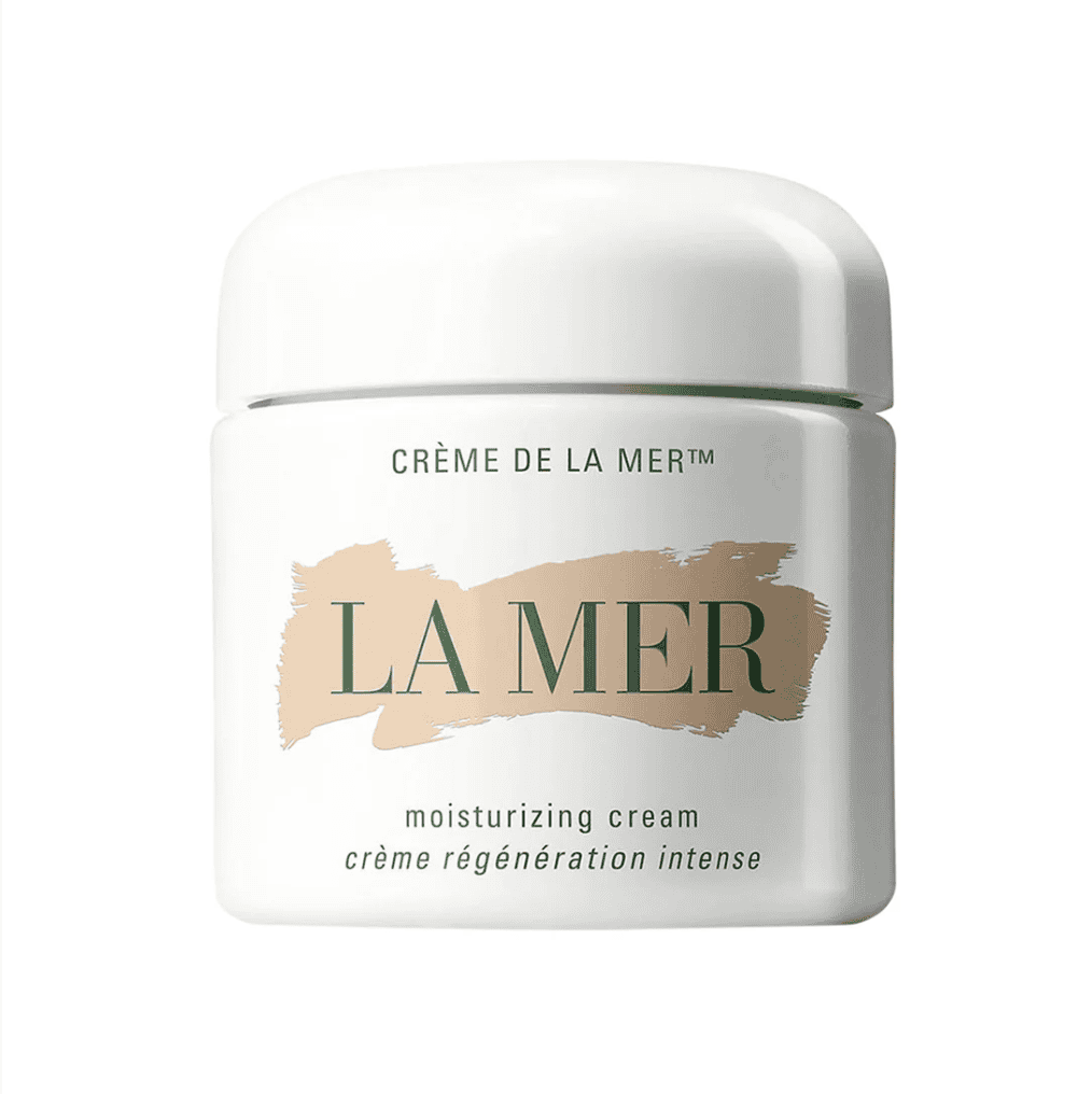 La Mer moisturizing cream jar with white cap and cream-colored label text