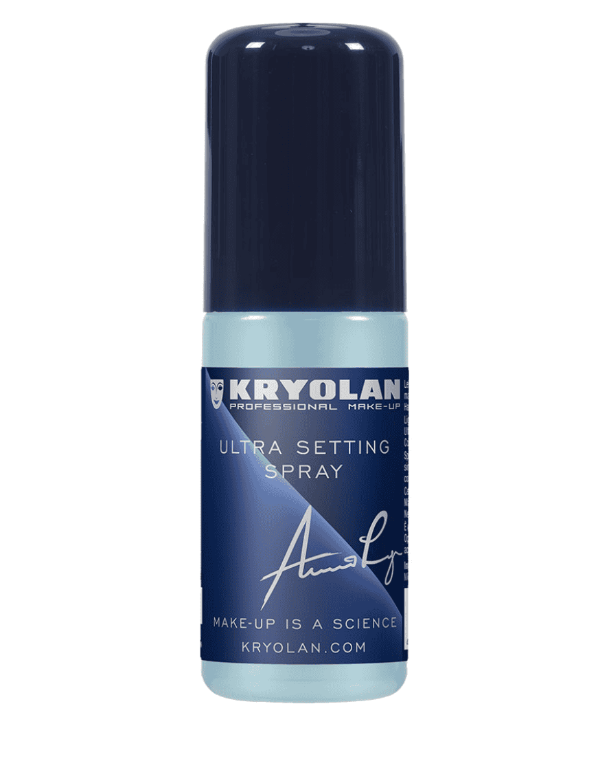 Kryolan Ultra setting spray bottle with dark blue cap and blue frosted label, 50 ml