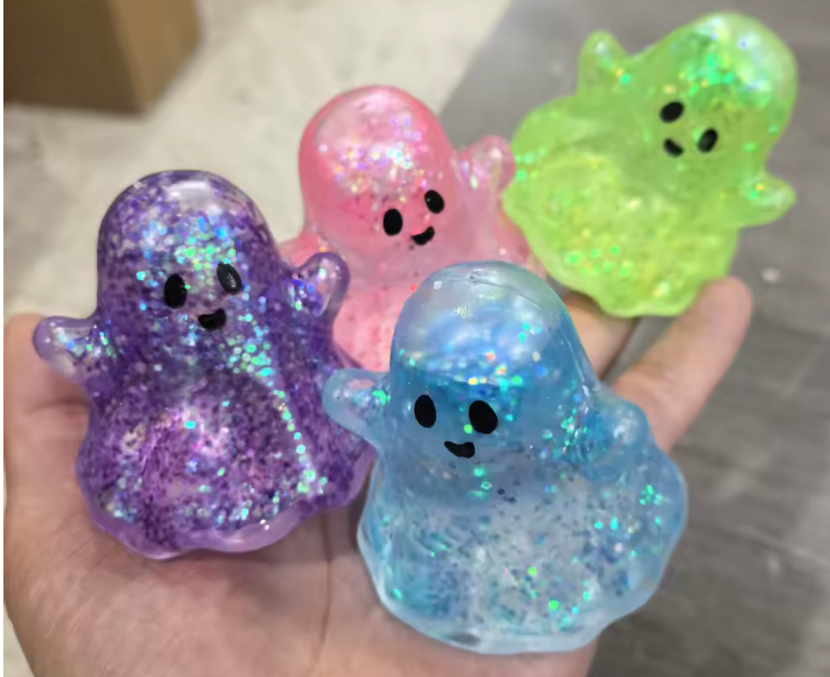 Glittery ghost squishy set: purple, pink, blue, cute faces, firm rebound