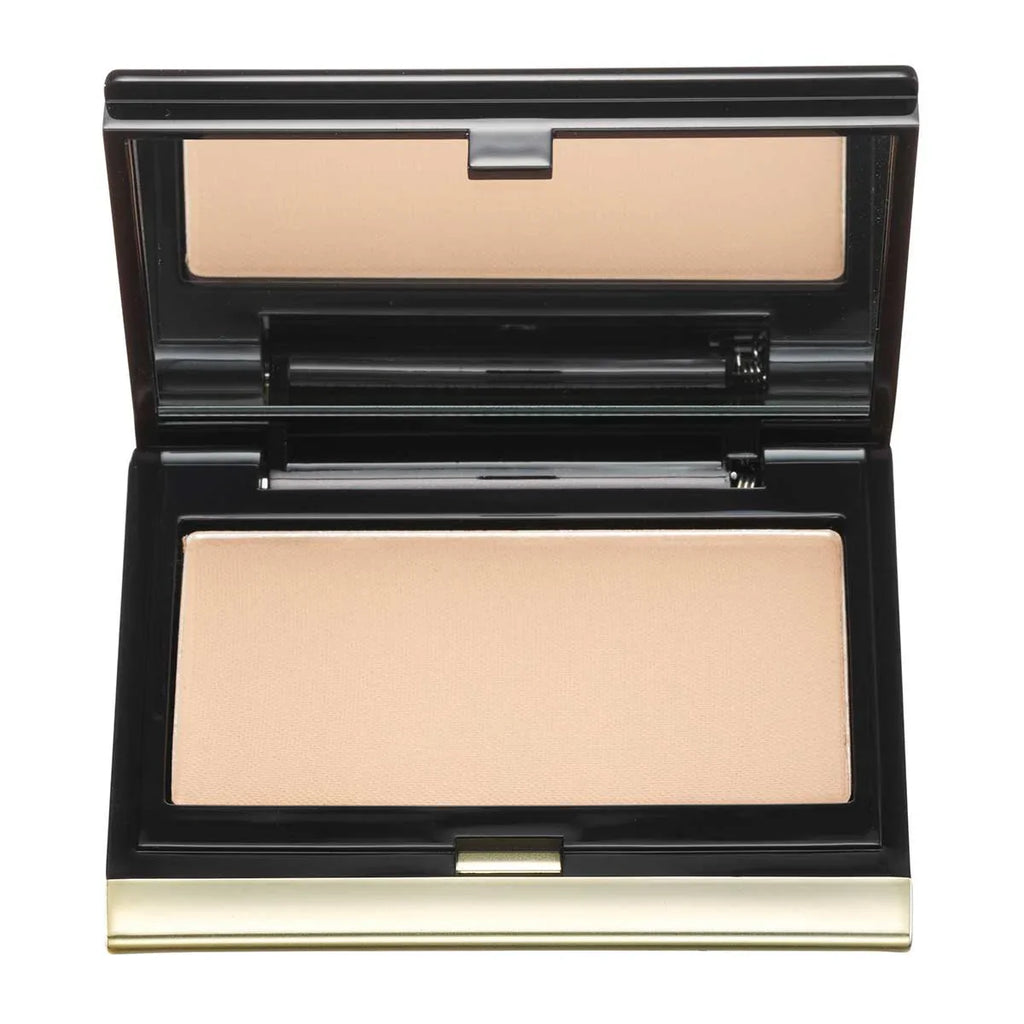 Light contour powder compact with mirror and brush, open, beige pan