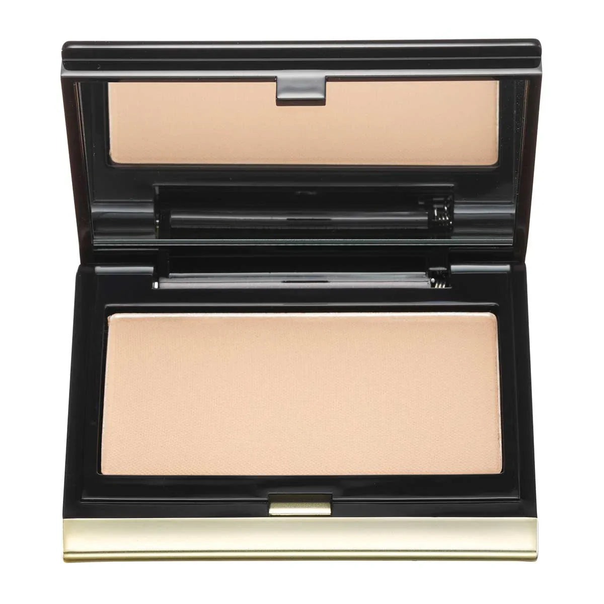 Light contour powder compact with mirror and brush, open, beige pan