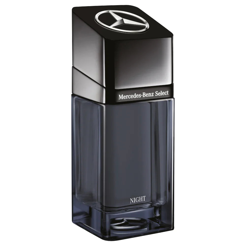 Night Eau de Parfum bottle with dark blue glass, Mercedes-Benz Select label, boxy cap