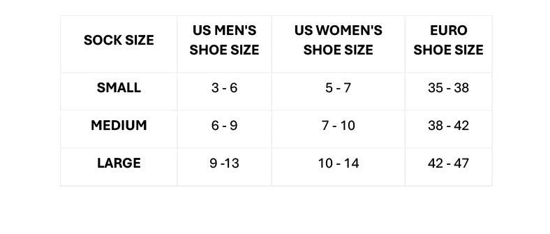 Sock size chart showing US men, US women, and Euro shoe size ranges