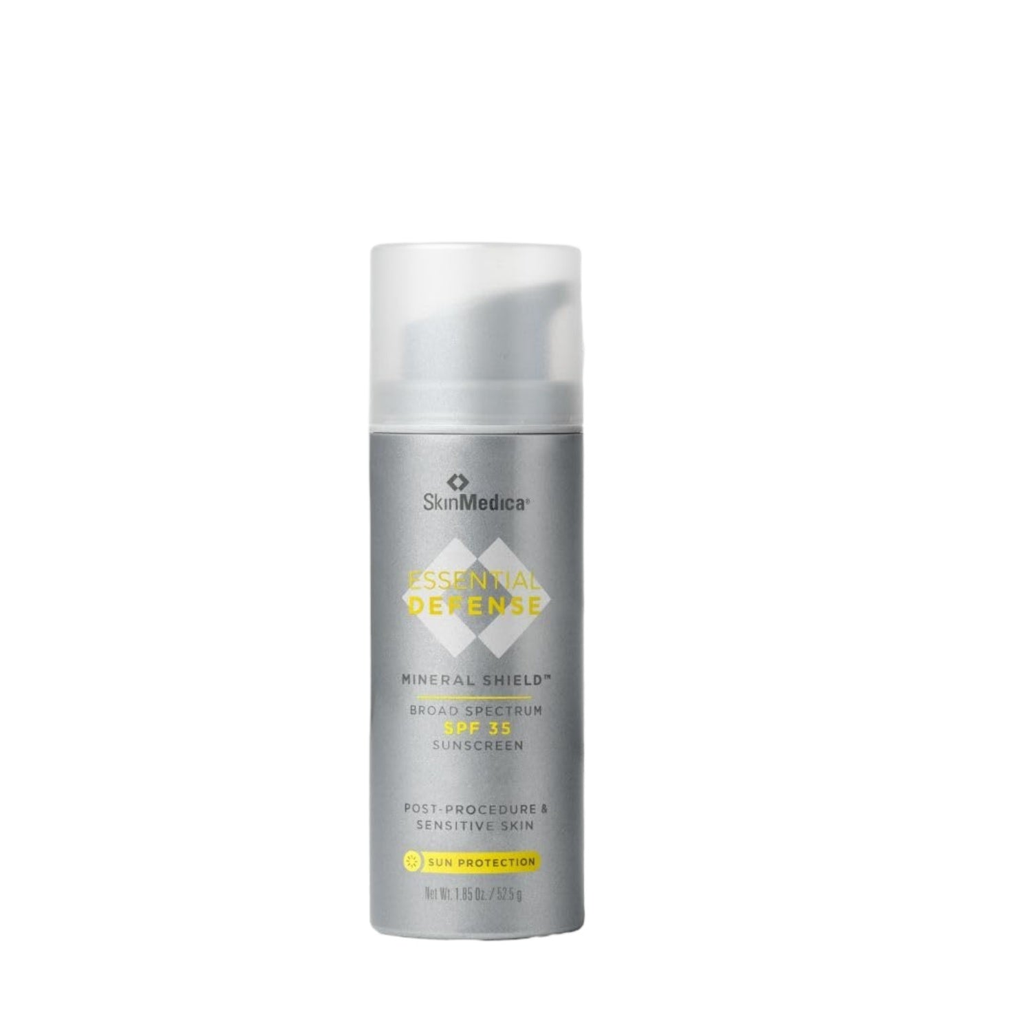 SkinMedica Mineral Shield SPF 35 sunscreen bottle, silver-gray with clear cap
