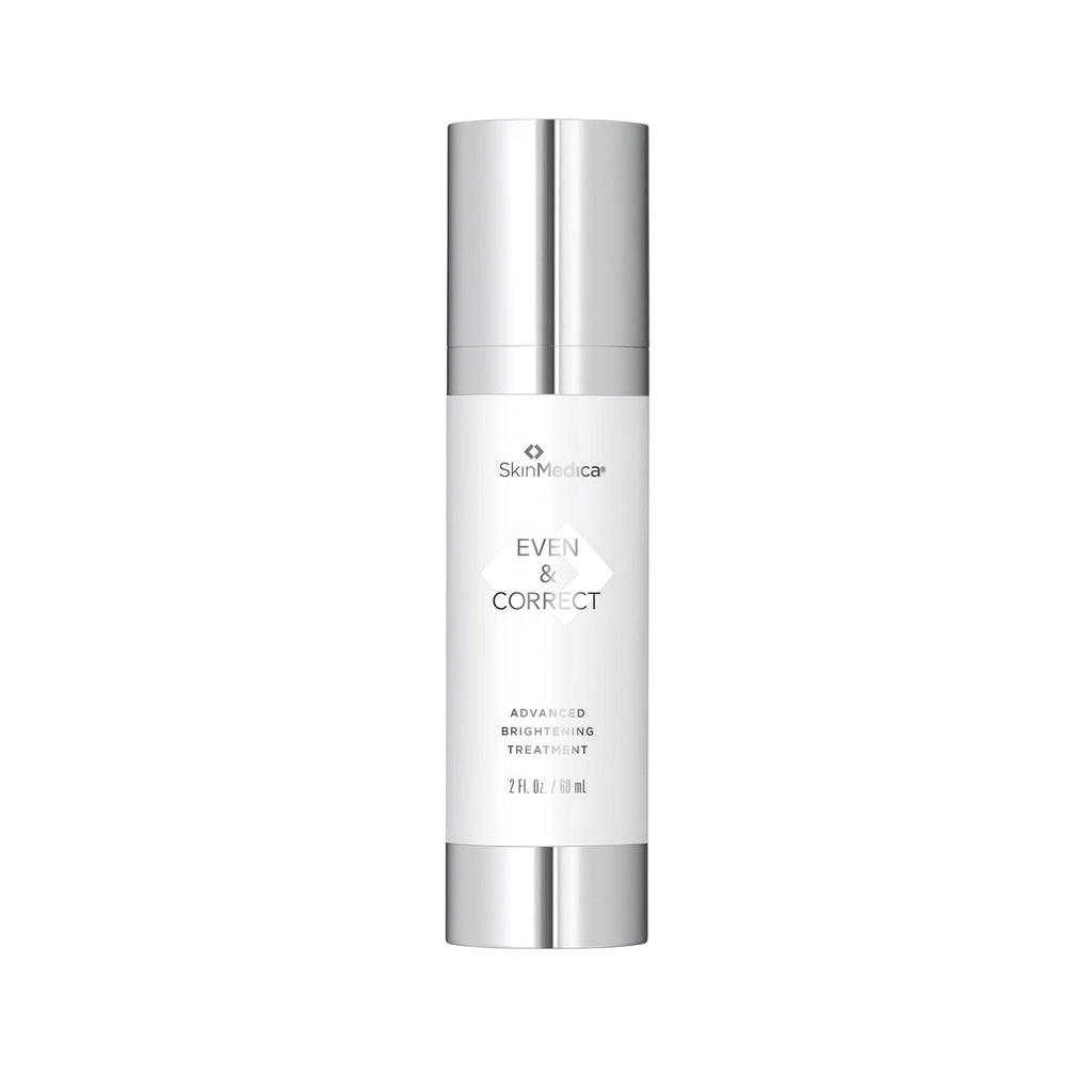SkinMedica Even & Correct advanced brightening treatment pump bottle, silver and white