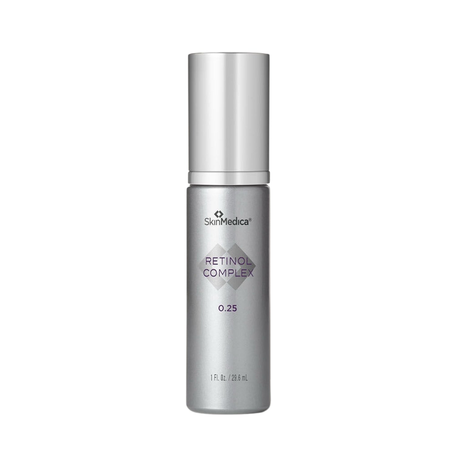 SkinMedica Retinol Complex 0.25 serum bottle, silver cylinder with pump-less cap