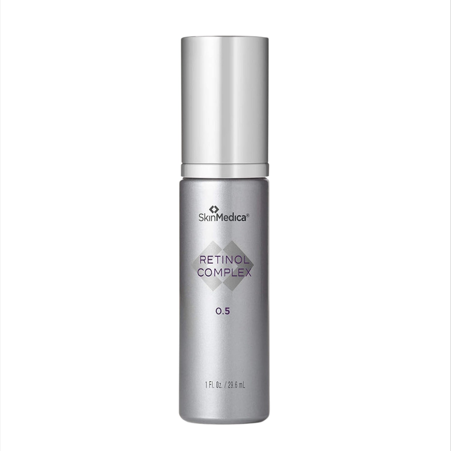 SkinMedica Retinol Complex 0.5 serum bottle, silver cylindrical container with cap.