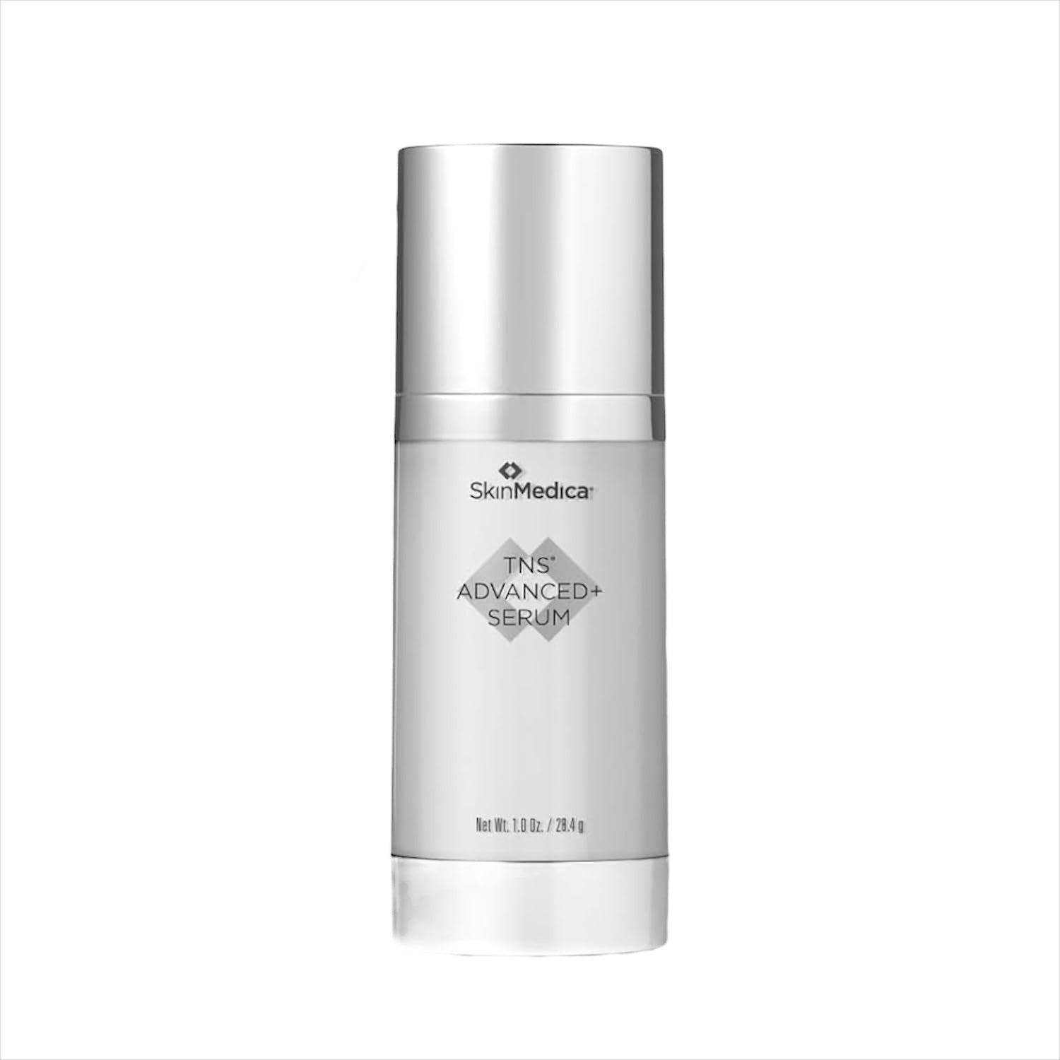 SkinMedica TNS Advanced+ serum bottle, cylindrical with silver cap and label