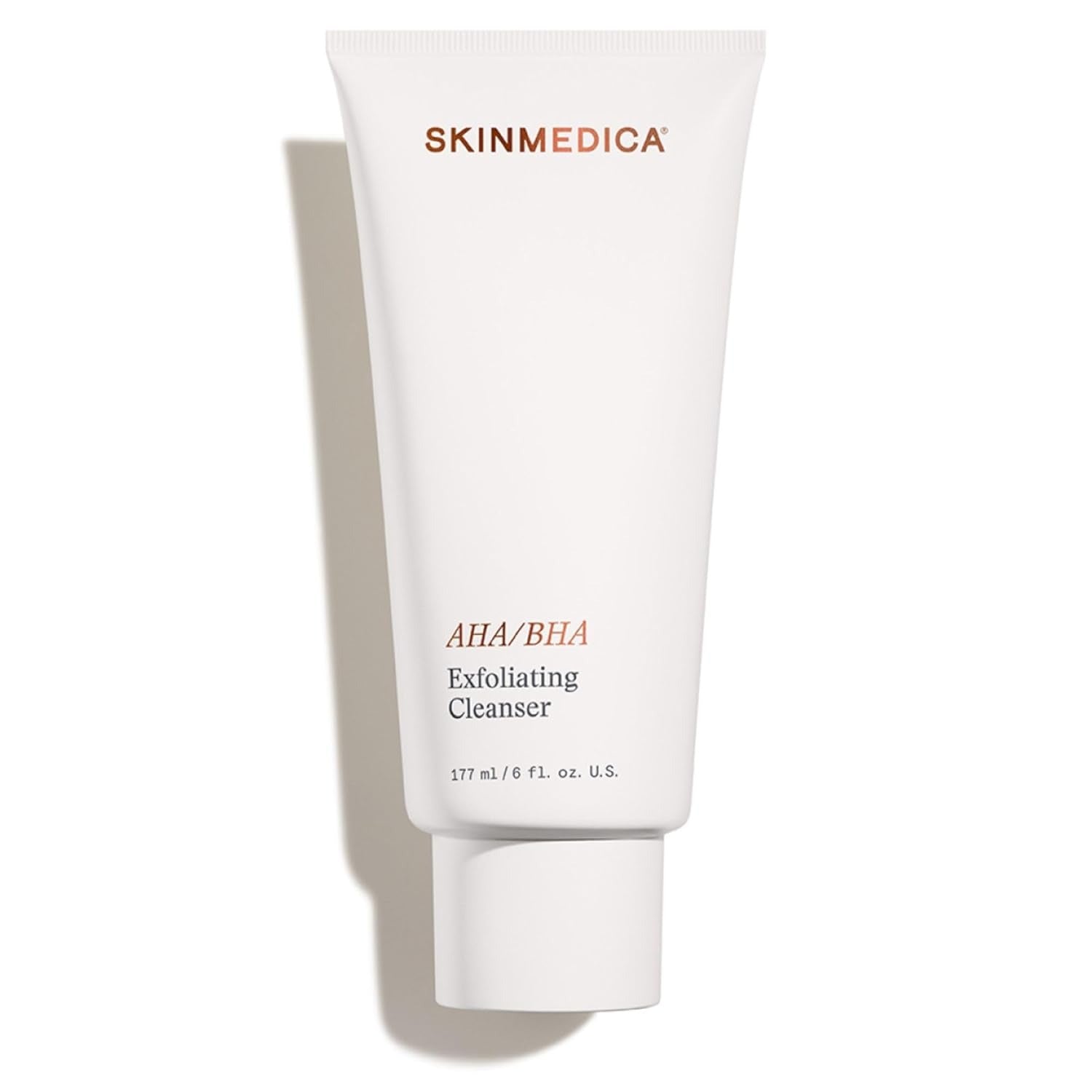 SKINMEDICA AHA/BHA exfoliating cleanser tube, white squeeze bottle with label.