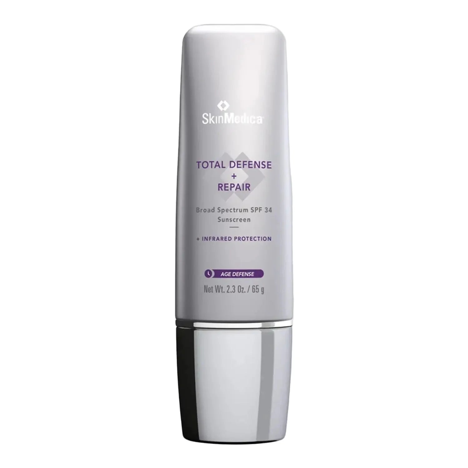 SkinMedica Total Defense Repair SPF 34 sunscreen in silver pump bottle