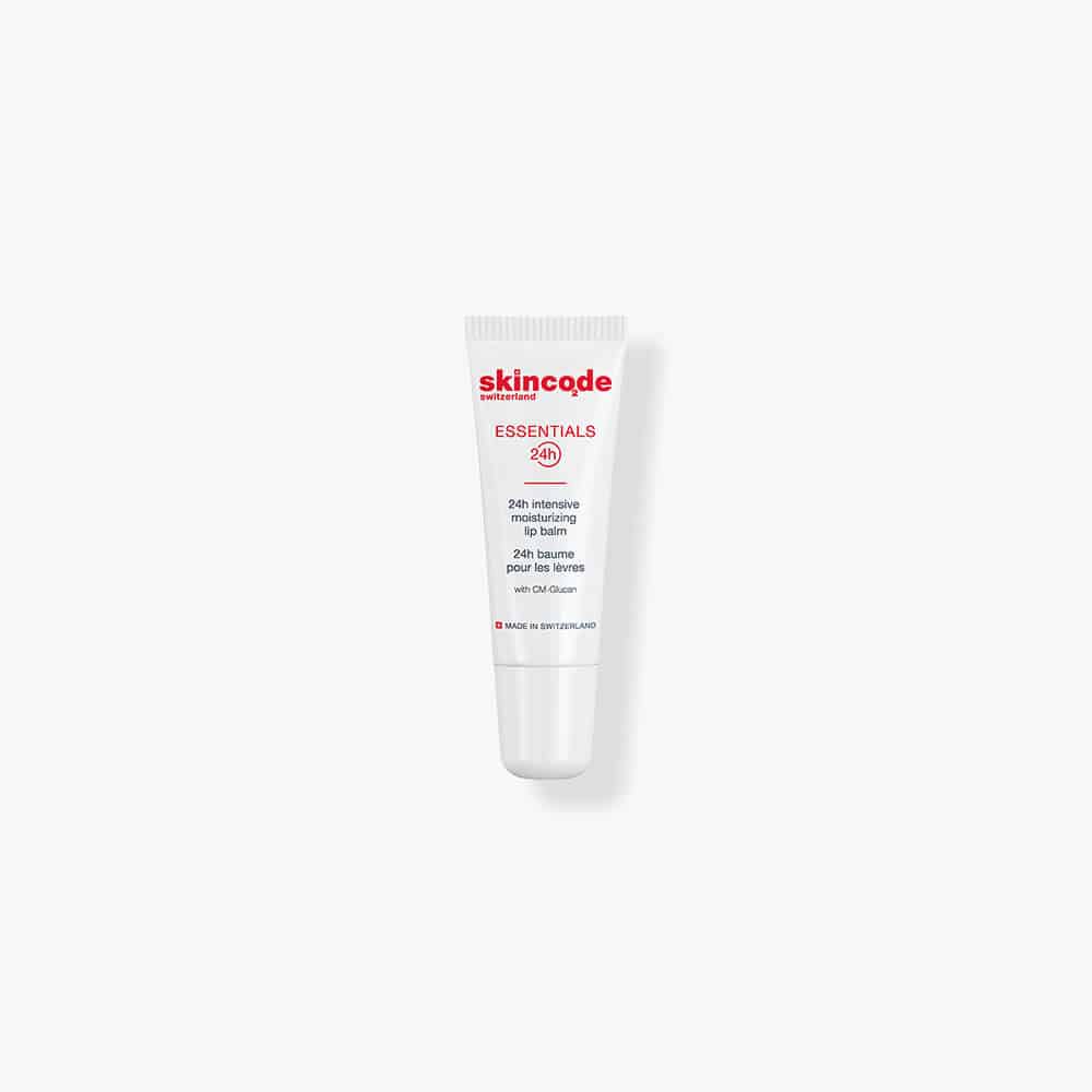 Skincode lip balm tube, white squeeze tube with printed Essentials 24 label