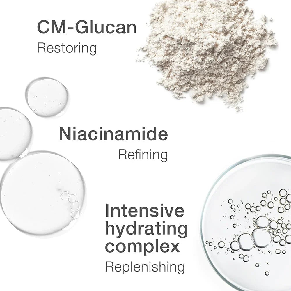 Hydrating serum ingredient graphic with droplets and powder texture