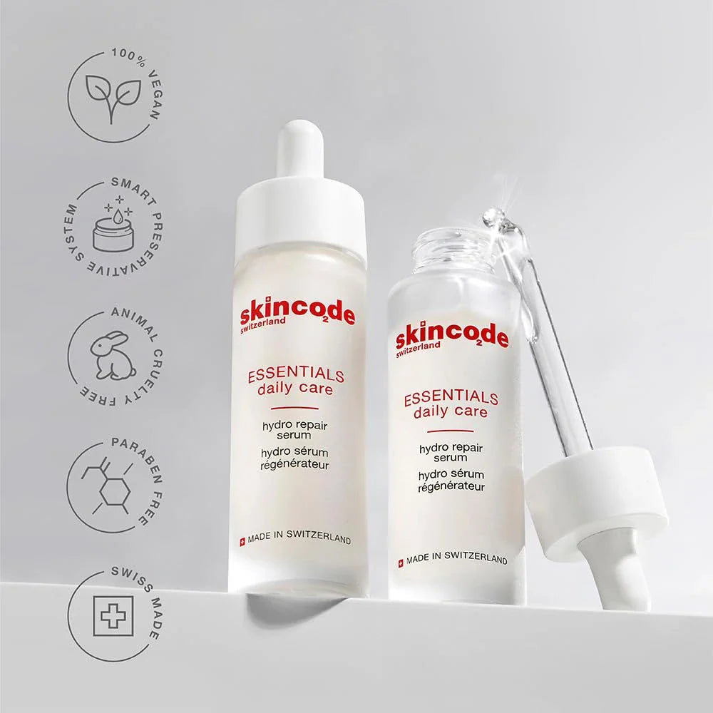 Skincode hydro repair serum bottles and droppers lineup, white labels