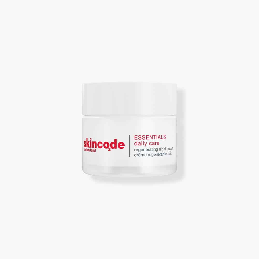Cosmetic night cream jar with white lid and Skincode Essentials Daily Care label