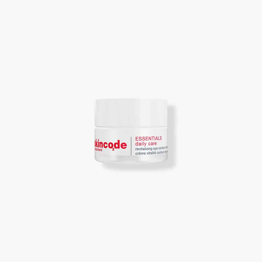 Skincode eye contour cream bottle, white with red label, 15 ml