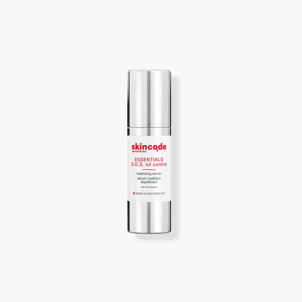Skincode Essentials S.O.S oil control balancing serum in silver pump bottle