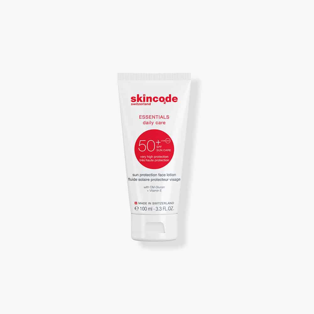Skincode sun protection face lotion SPF 50 in white squeeze tube, 100 mL